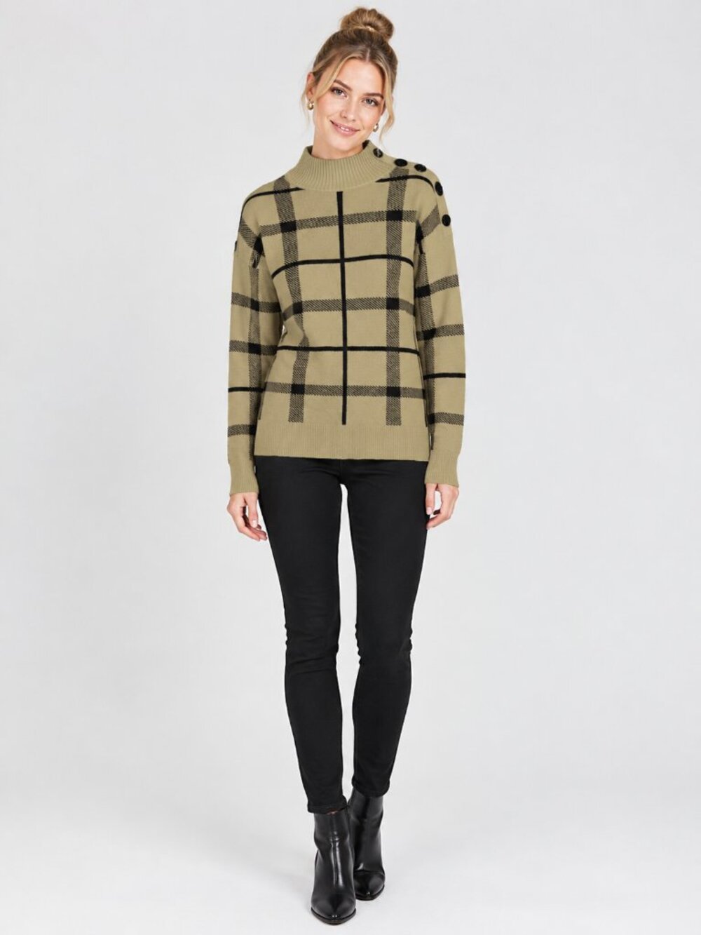 TAHARI Check Windowpane Button-Shoulder Mock Neck Sweater Taupe XL #A4414